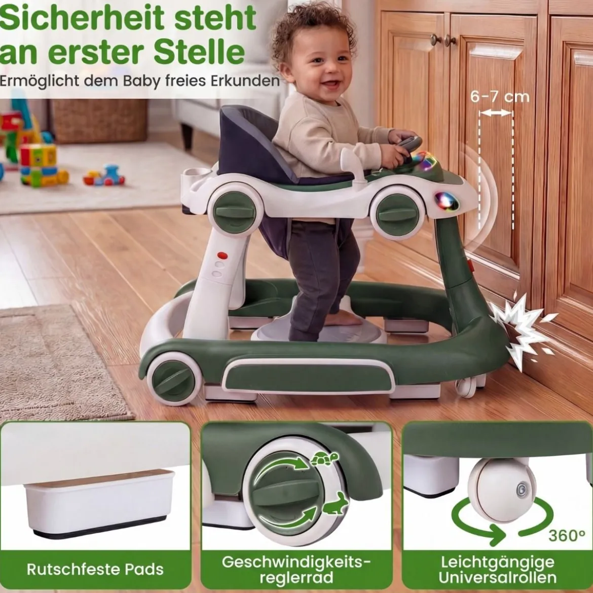 7 in 1 Lauflernhilfe mit Verdeck & Einstellbarer Höhe & Geschwindigkeit Klappbare Lauflerwagen Grün