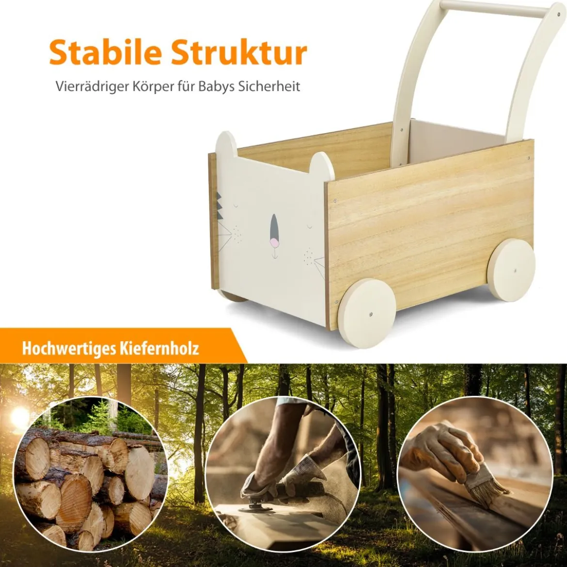 2 in 1 Lauflernwagen aus Holz mit großer Spielzeugkiste & 4 Rädern für Kinder ab 3 J.