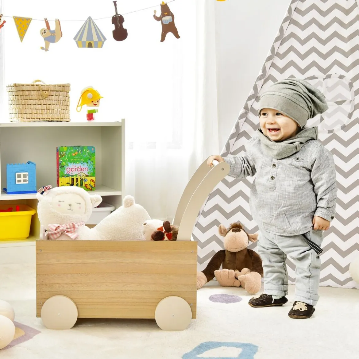 2 in 1 Lauflernwagen aus Holz mit großer Spielzeugkiste & 4 Rädern für Kinder ab 3 J.