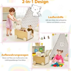 2 in 1 Lauflernwagen aus Holz mit großer Spielzeugkiste & 4 Rädern für Kinder ab 3 J.