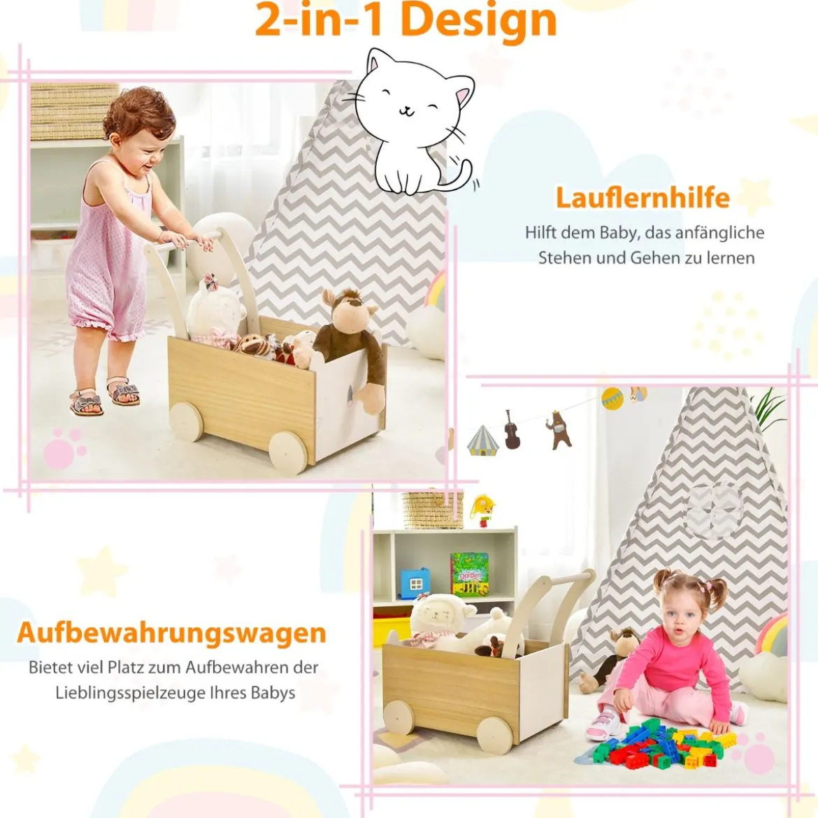 2 in 1 Lauflernwagen aus Holz mit großer Spielzeugkiste & 4 Rädern für Kinder ab 3 J.