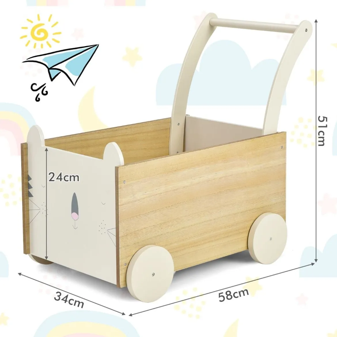 2 in 1 Lauflernwagen aus Holz mit großer Spielzeugkiste & 4 Rädern für Kinder ab 3 J.