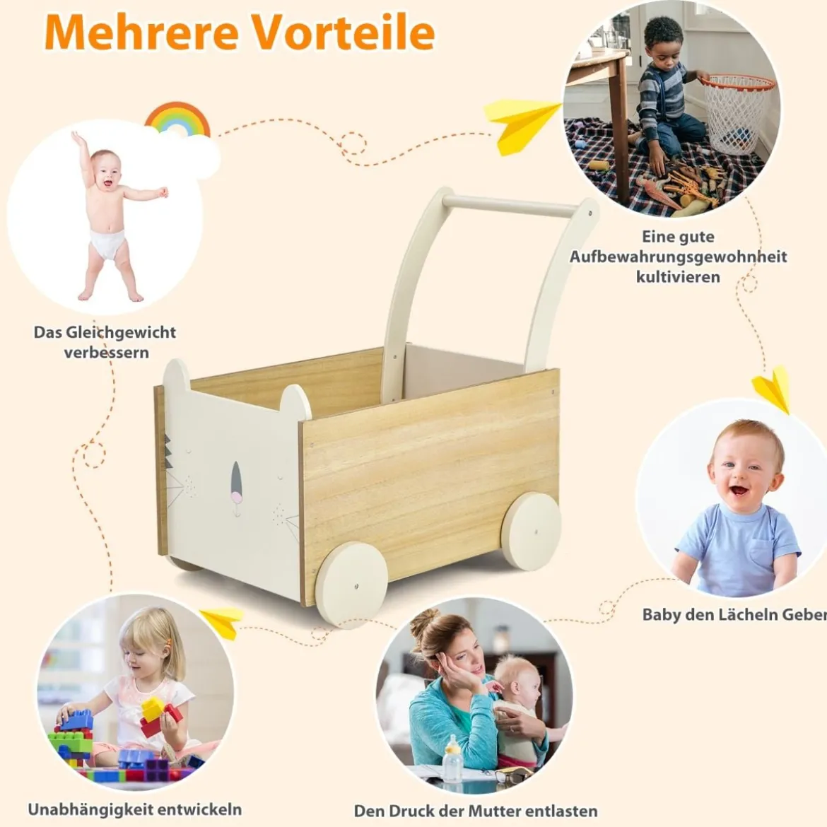 2 in 1 Lauflernwagen aus Holz mit großer Spielzeugkiste & 4 Rädern für Kinder ab 3 J.