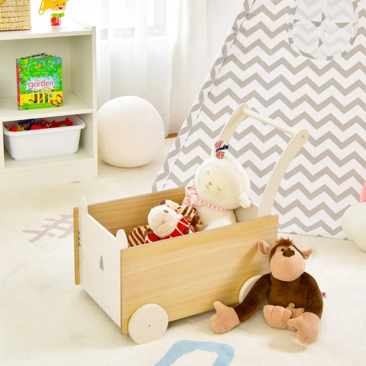 2 in 1 Lauflernwagen aus Holz mit großer Spielzeugkiste & 4 Rädern für Kinder ab 3 J.