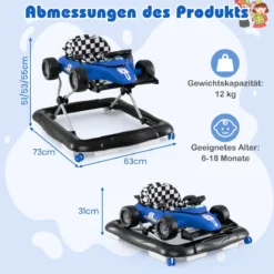 4-in-1-Lauflernwagen Gehassistent mit 3-stufig einstellbarer Höhe gepolstertem Sitz Lenkrad & Spieluhr Blau