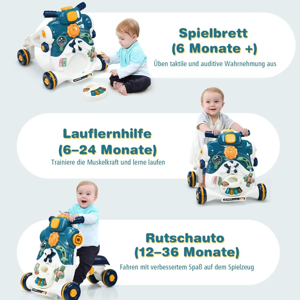 3 in 1 Lauflernwagen mit Lichtern & Musik LauflernhilfeRutschauto Spielbrett