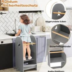 3 in 1 Lernturm Kinder Tritthocker mit 3 verstellbaren Höhen 90 kg Belastbar Grau