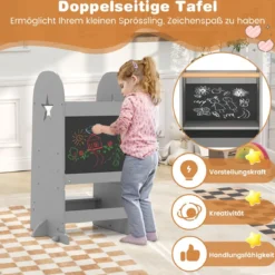3 in 1 Lernturm Kinder Tritthocker mit 3 verstellbaren Höhen 90 kg Belastbar Grau