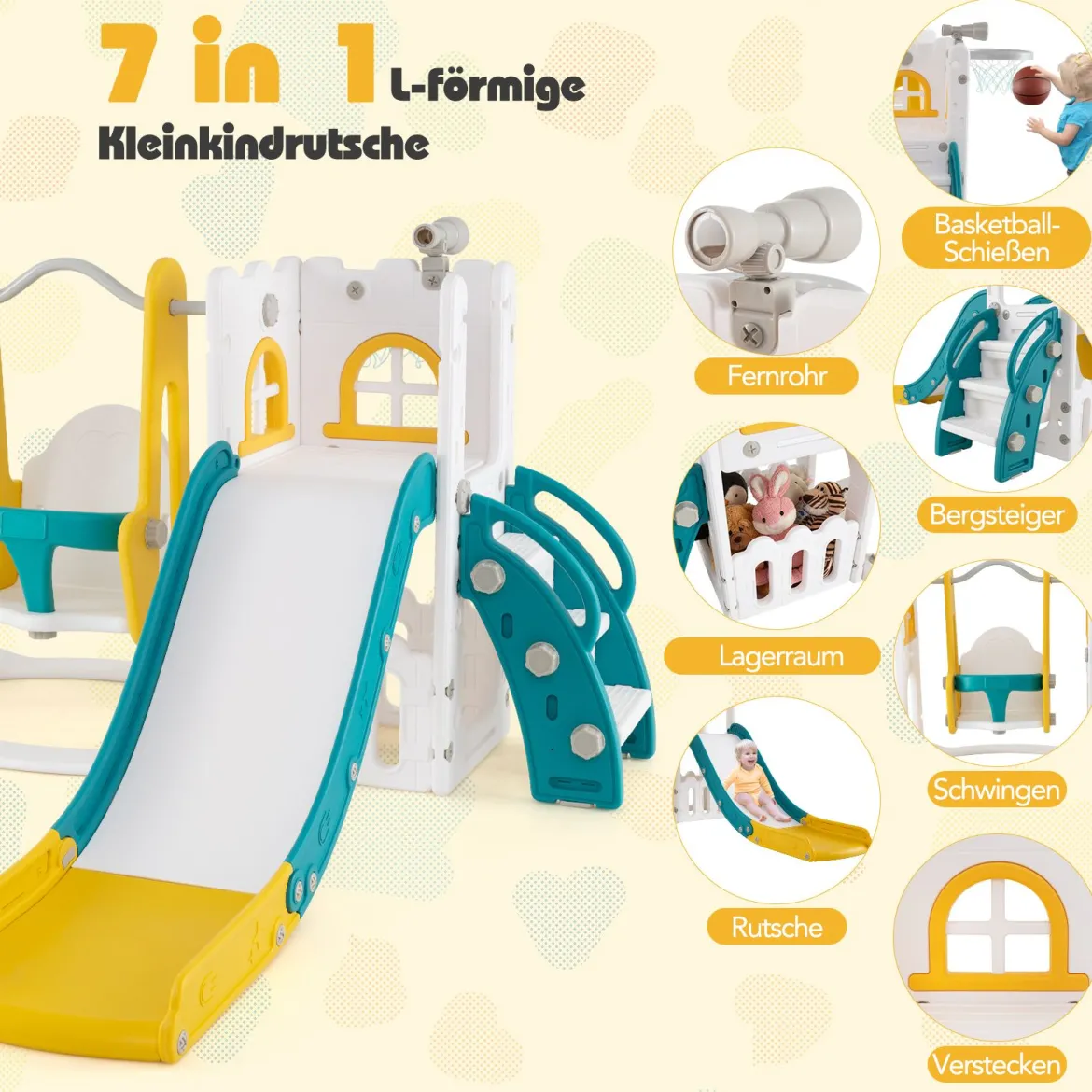 7 in 1 L-förmiges Kleinkind-Schaukel- und Rutschset freistehendes Kinderrutsch-Set mit Schaukel Gelb