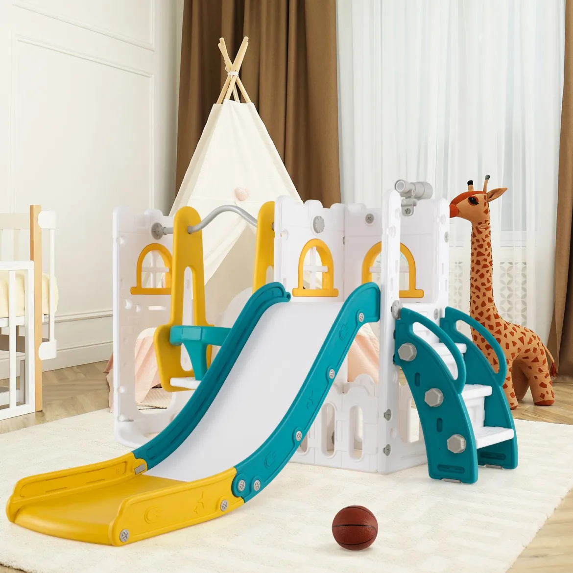 7 in 1 L-förmiges Kleinkind-Schaukel- und Rutschset freistehendes Kinderrutsch-Set mit Schaukel Gelb