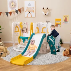 7 in 1 L-förmiges Kleinkind-Schaukel- und Rutschset freistehendes Kinderrutsch-Set mit Schaukel Gelb