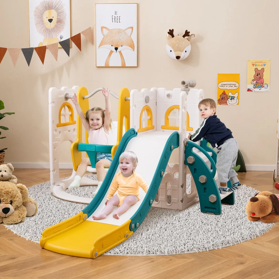 7 in 1 L-förmiges Kleinkind-Schaukel- und Rutschset freistehendes Kinderrutsch-Set mit Schaukel Gelb