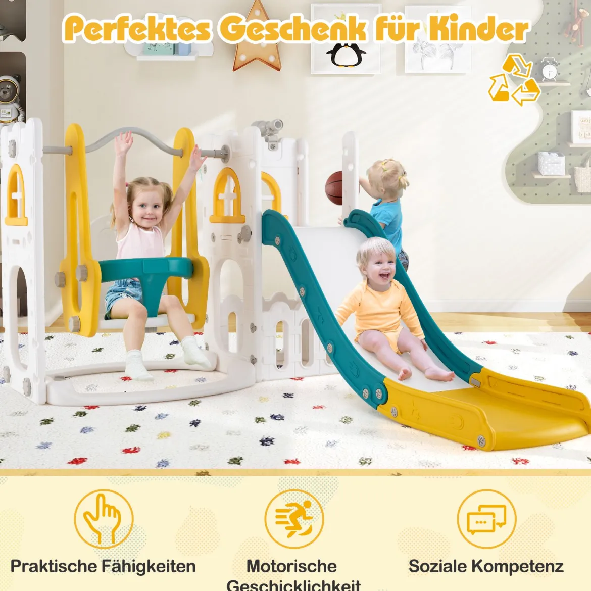 7 in 1 L-förmiges Kleinkind-Schaukel- und Rutschset freistehendes Kinderrutsch-Set mit Schaukel Gelb