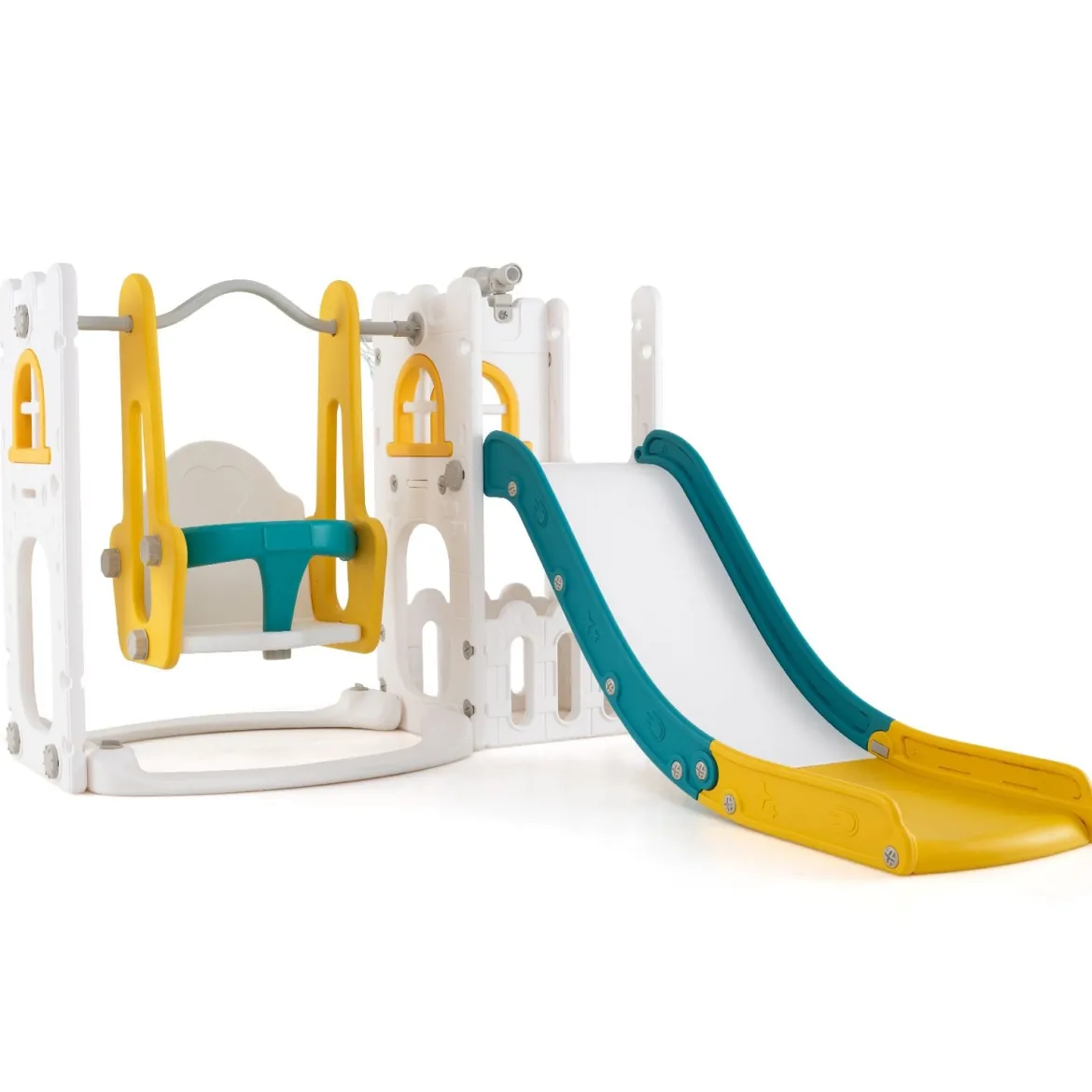 7 in 1 L-förmiges Kleinkind-Schaukel- und Rutschset freistehendes Kinderrutsch-Set mit Schaukel Gelb