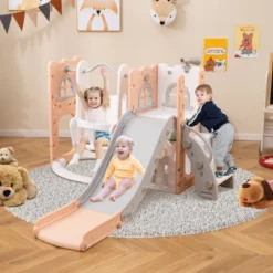 7 in 1 L-förmiges Kleinkind-Schaukel- und Rutschset freistehendes Kinderrutsch-Set mit Schaukel Rosa