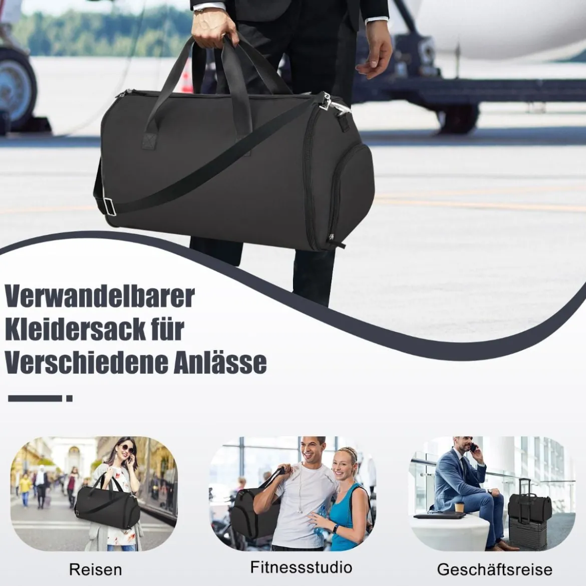 2-in-1 50L Handgepäcktasche & Kleiderhängetasche mit Schuhfach & Verstellbarem Schultergurt