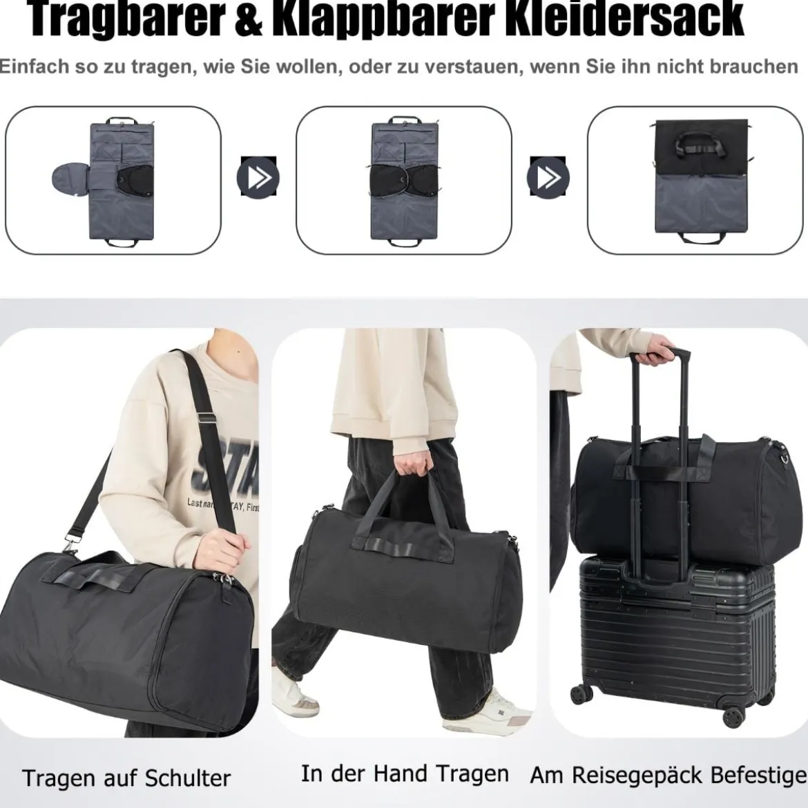 2-in-1 50L Handgepäcktasche & Kleiderhängetasche mit Schuhfach & Verstellbarem Schultergurt