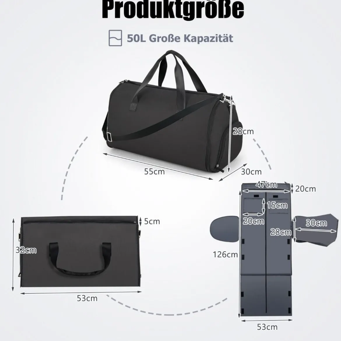 2-in-1 50L Handgepäcktasche & Kleiderhängetasche mit Schuhfach & Verstellbarem Schultergurt
