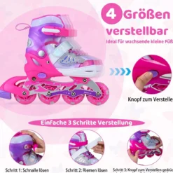 Inliner für Kinder Inline Skates 4 Größen Verstellbar Kinderrollschuhe mit Leuchtenden Rädern Blau/Rosa S/M/L