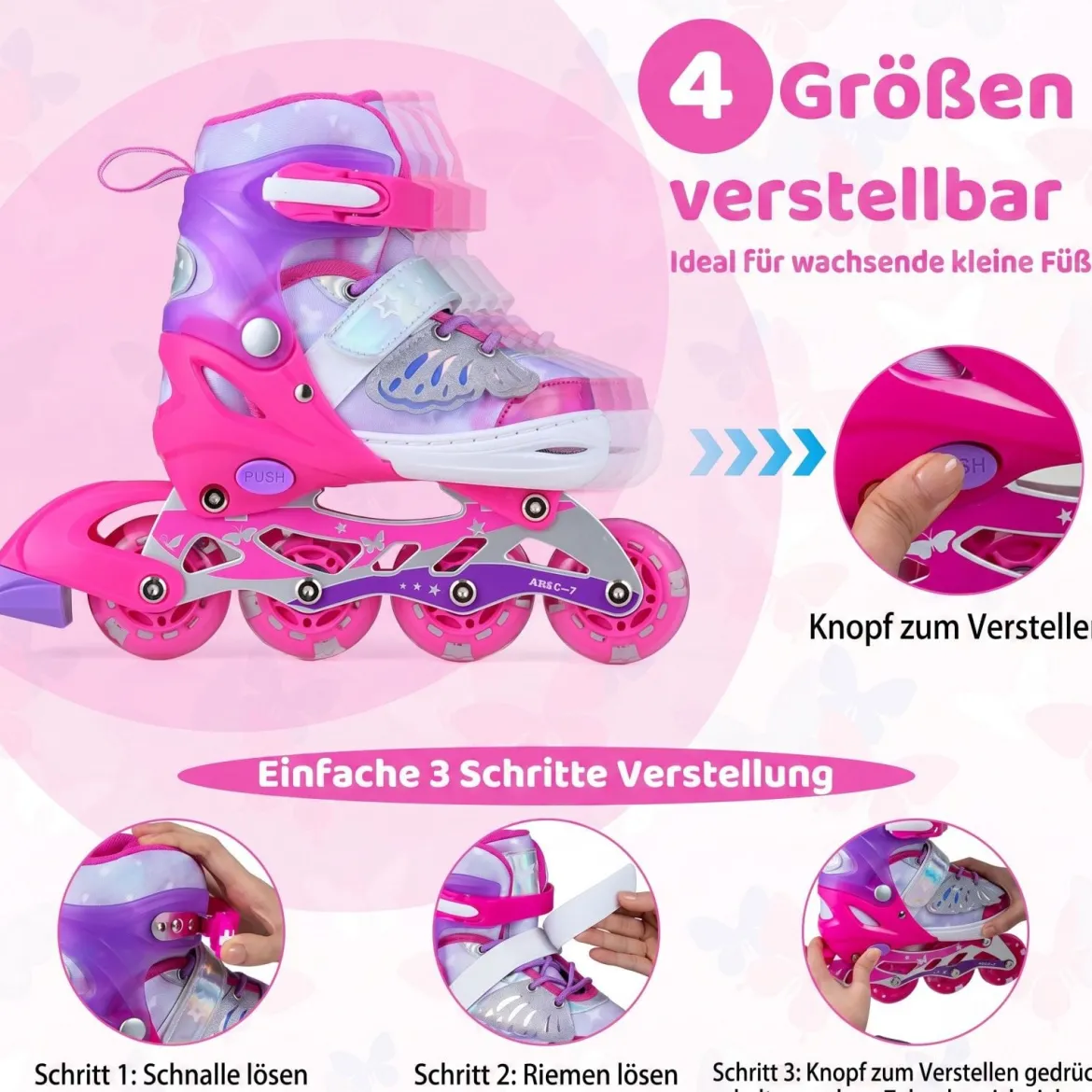 Inliner für Kinder Inline Skates 4 Größen Verstellbar Kinderrollschuhe mit Leuchtenden Rädern Blau/Rosa S/M/L