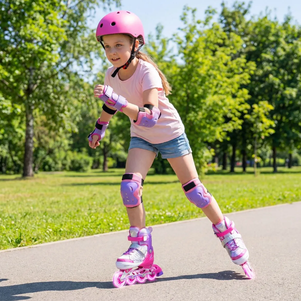Inliner für Kinder Inline Skates 4 Größen Verstellbar Kinderrollschuhe mit Leuchtenden Rädern Blau/Rosa S/M/L