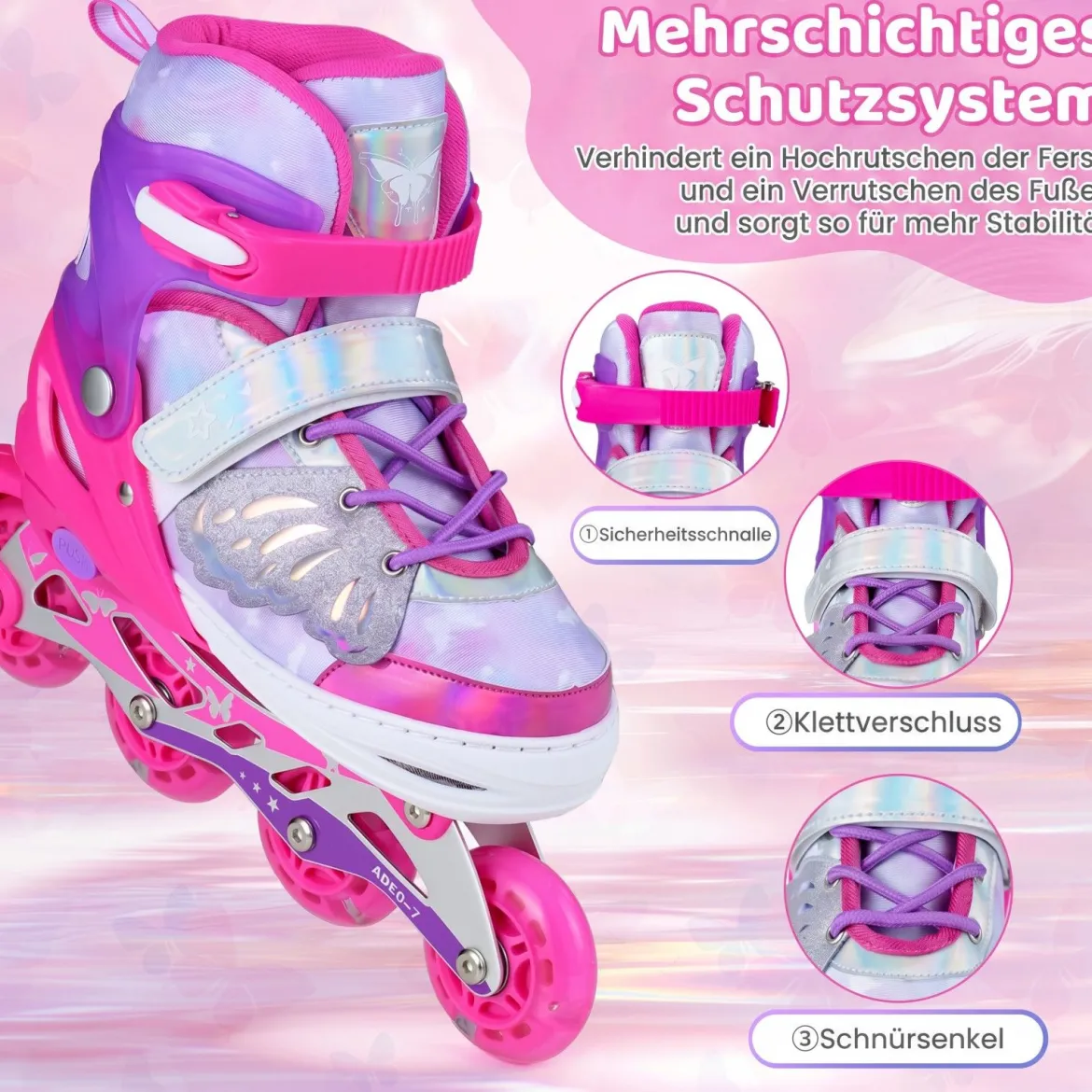 Inliner für Kinder Inline Skates 4 Größen Verstellbar Kinderrollschuhe mit Leuchtenden Rädern Blau/Rosa S/M/L