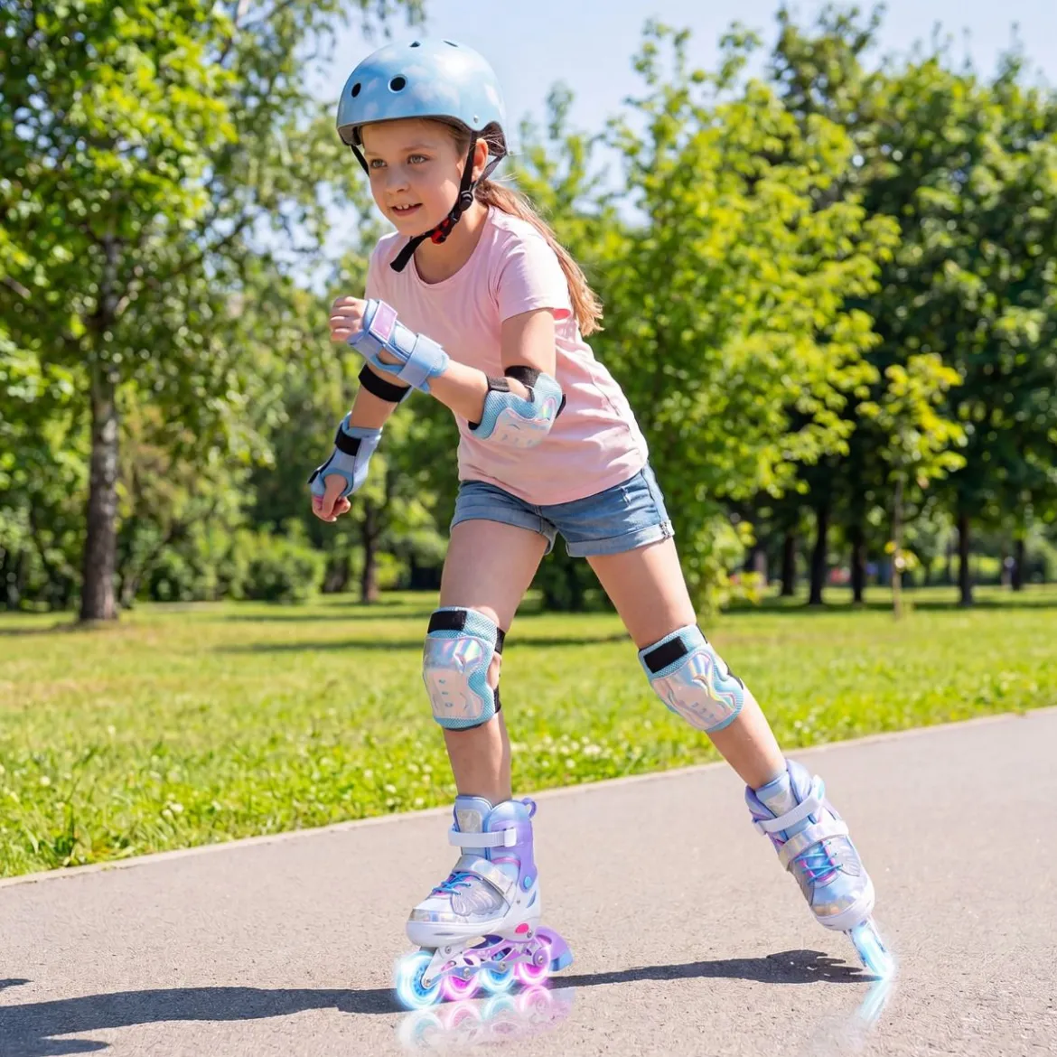 Inliner für Kinder Inline Skates 4 Größen Verstellbar Kinderrollschuhe mit Leuchtenden Rädern Blau/Rosa S/M/L