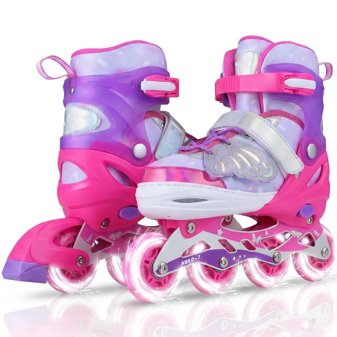 Inliner für Kinder Inline Skates 4 Größen Verstellbar Kinderrollschuhe mit Leuchtenden Rädern Blau/Rosa S/M/L