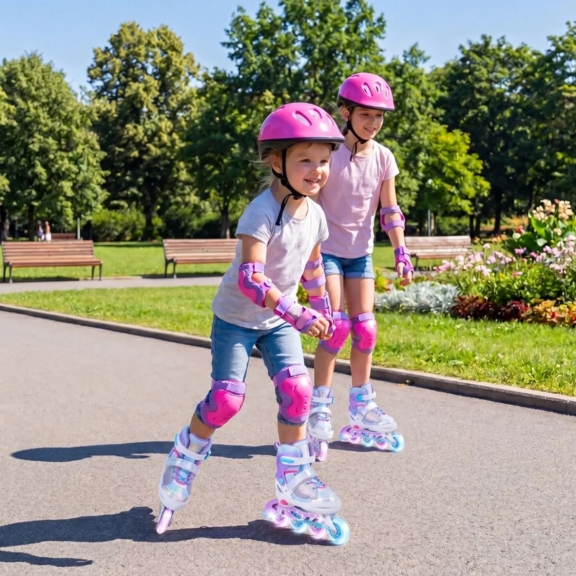 Inliner für Kinder Inline Skates 4 Größen Verstellbar Kinderrollschuhe mit Leuchtenden Rädern Blau/Rosa S/M/L