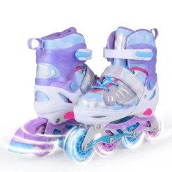 Inliner für Kinder Inline Skates 4 Größen Verstellbar Kinderrollschuhe mit Leuchtenden Rädern Blau/Rosa S/M/L