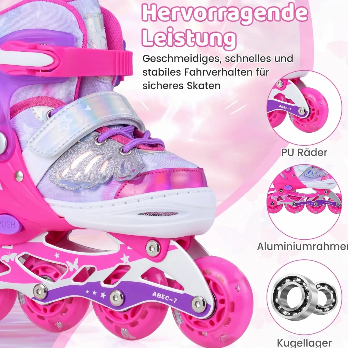 Inliner für Kinder Inline Skates 4 Größen Verstellbar Kinderrollschuhe mit Leuchtenden Rädern Blau/Rosa S/M/L