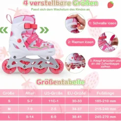 Inline Skates Kinder 4 Größen Verstellbare Inline-Skates mit leuchtenden Rädern Rosa S/M/L