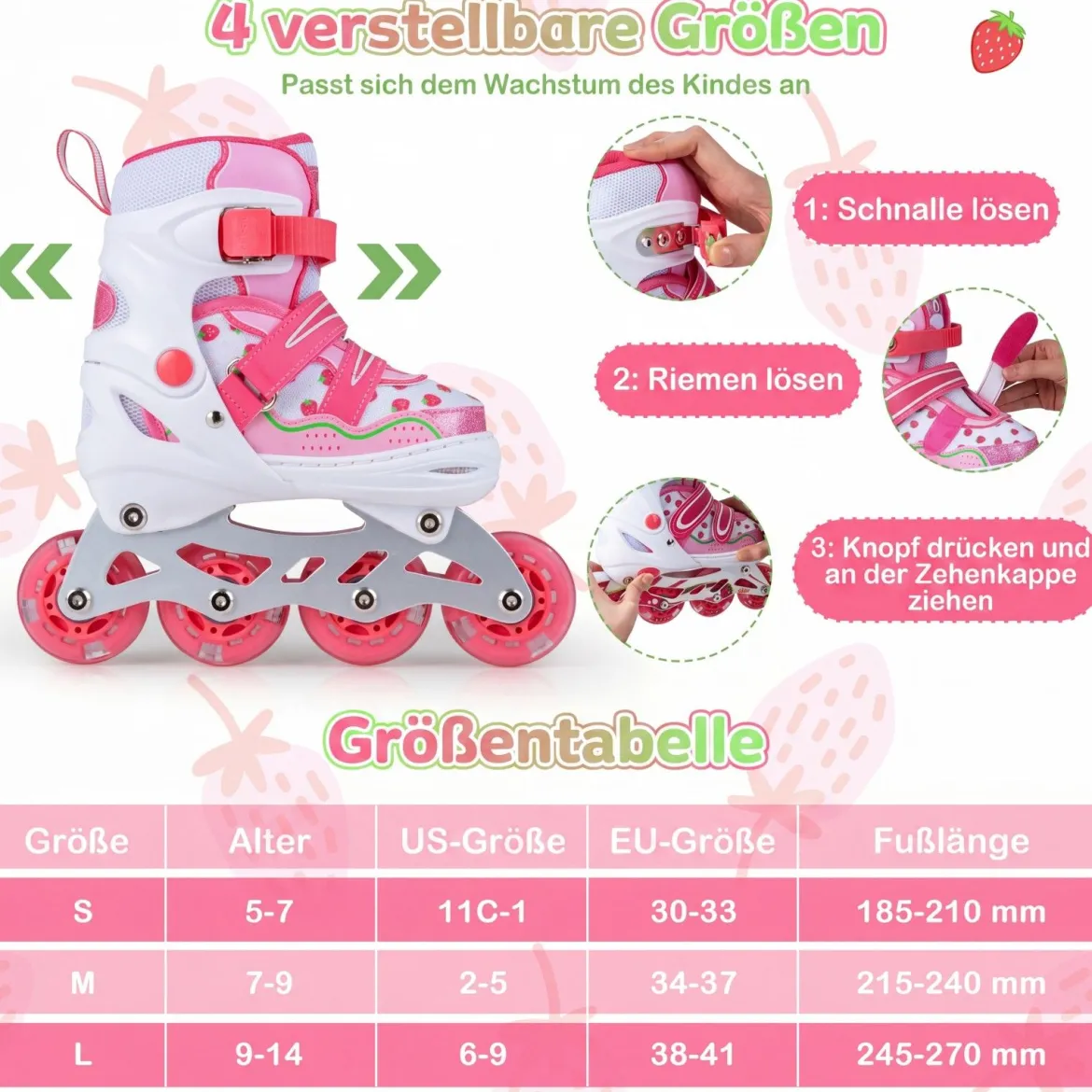 Inline Skates Kinder 4 Größen Verstellbare Inline-Skates mit leuchtenden Rädern Rosa S/M/L