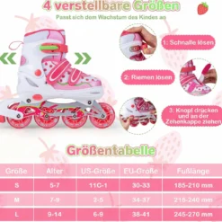 Inline Skates Kinder 4 Größen Verstellbare Inline-Skates mit leuchtenden Rädern Rosa S/M/L