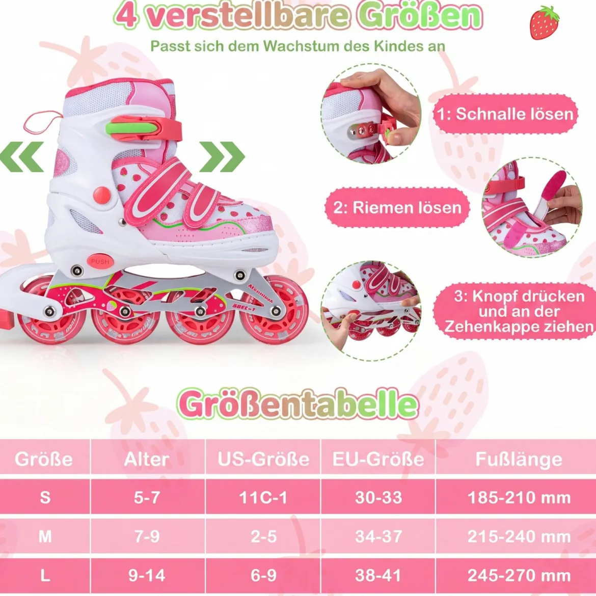 Inline Skates Kinder 4 Größen Verstellbare Inline-Skates mit leuchtenden Rädern Rosa S/M/L