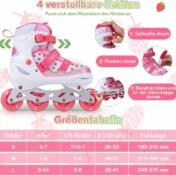 Inline Skates Kinder 4 Größen Verstellbare Inline-Skates mit leuchtenden Rädern Rosa S/M/L