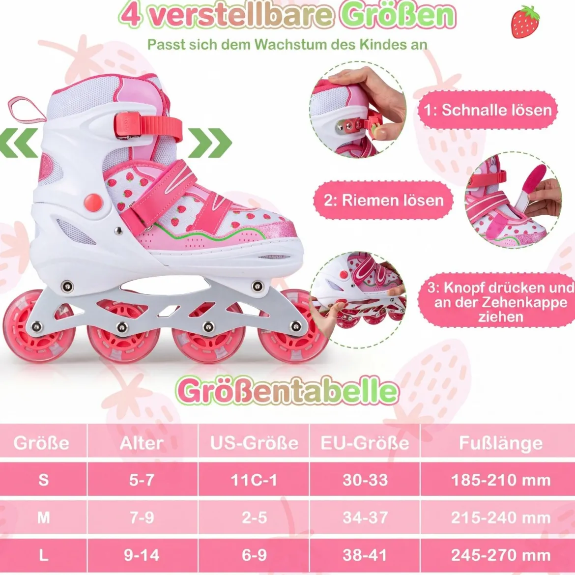 Inline Skates Kinder 4 Größen Verstellbare Inline-Skates mit leuchtenden Rädern Rosa S/M/L
