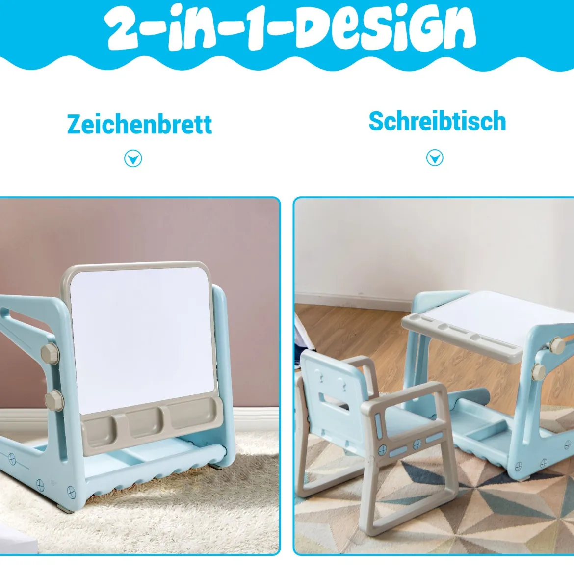 2 in 1 Magnetische Maltafel Kinderschreibtisch mit höhen- und neigungsverstellbarer Tischplatte Blau