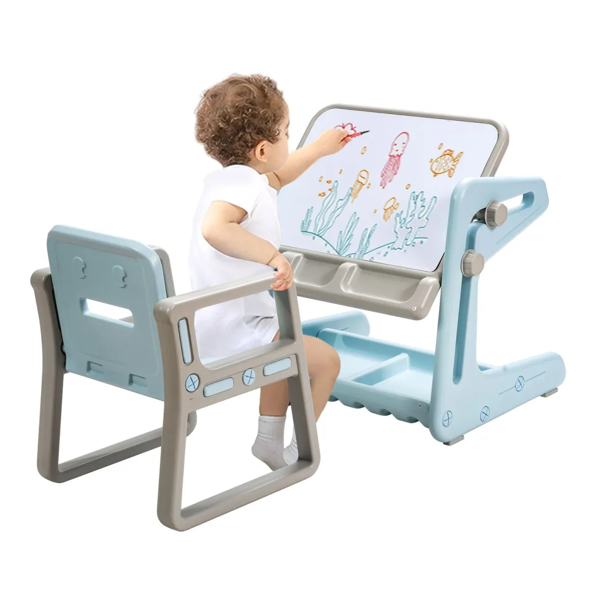 2 in 1 Magnetische Maltafel Kinderschreibtisch mit höhen- und neigungsverstellbarer Tischplatte Blau