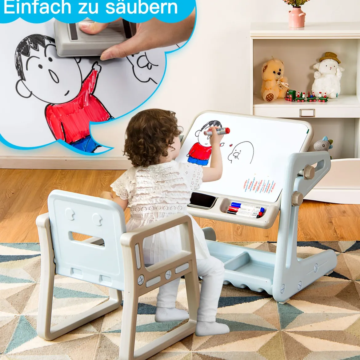 2 in 1 Magnetische Maltafel Kinderschreibtisch mit höhen- und neigungsverstellbarer Tischplatte Blau