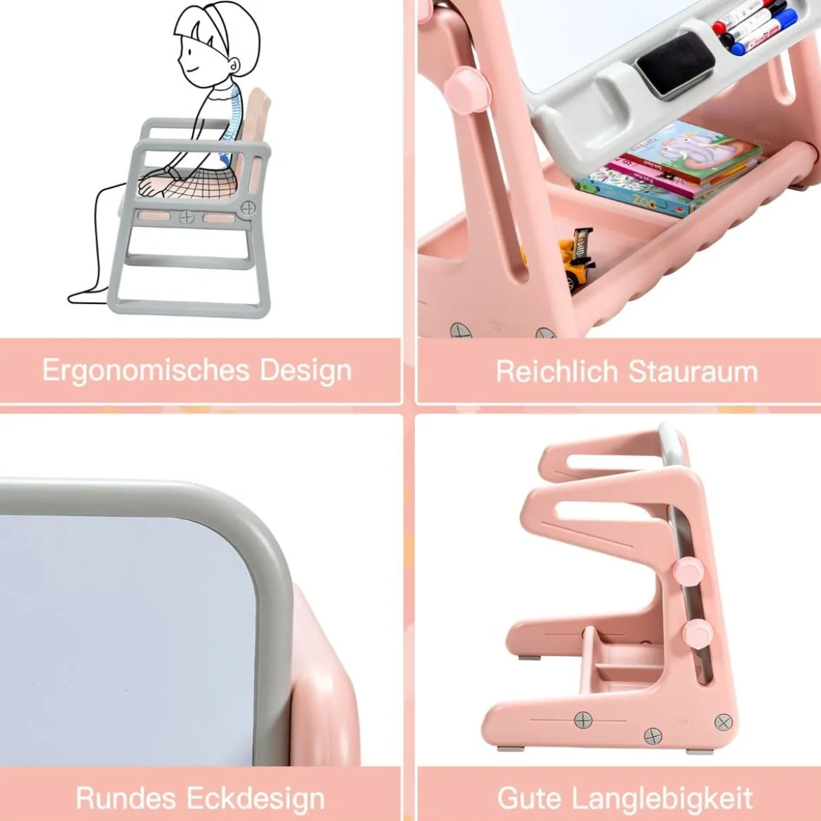 2 in 1 Magnetische Maltafel mit Hocker & Malzubehör Kinderschreibtisch Höhenverstellbar Rosa