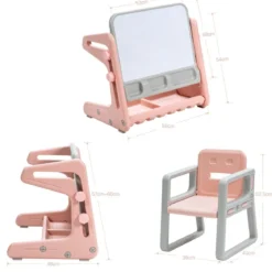 2 in 1 Magnetische Maltafel mit Hocker & Malzubehör Kinderschreibtisch Höhenverstellbar Rosa