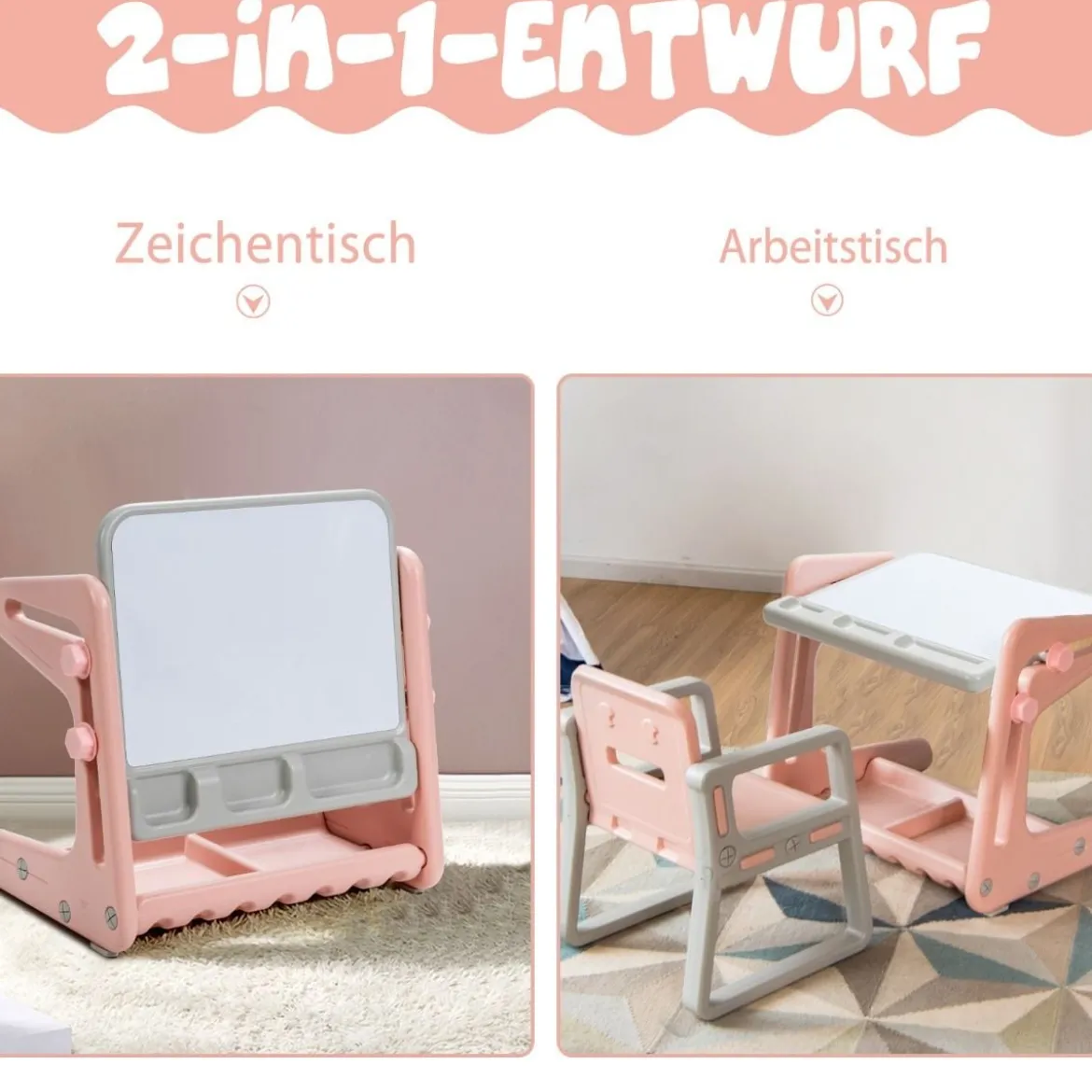 2 in 1 Magnetische Maltafel mit Hocker & Malzubehör Kinderschreibtisch Höhenverstellbar Rosa