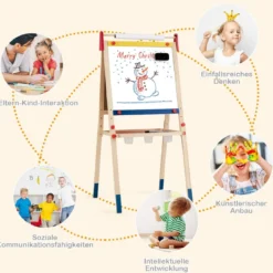 3-in-1 Maltafel für Kinder Doppelseitige Standtafel mit Whiteboard Natur