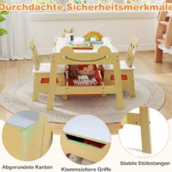 5 in 1 Maltisch mit Wendbarer Tafel & Whiteboard Kindersitzgruppe in Bärenform mit Stauraum Natur
