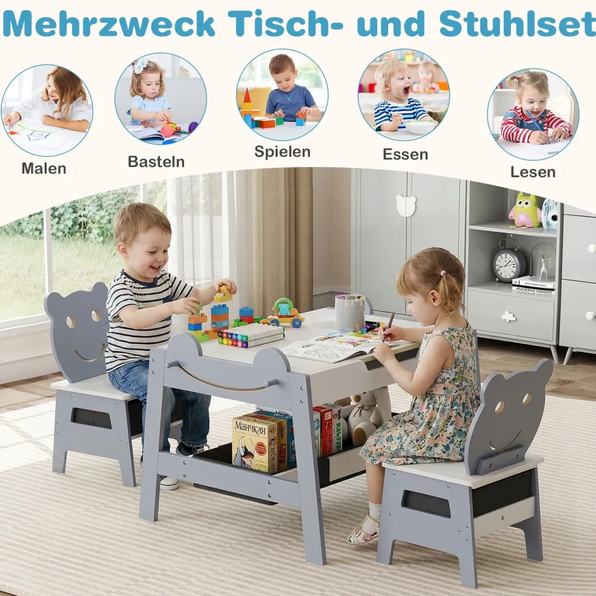 5 in 1 Maltisch mit Wendbarer Tafel & Whiteboard Kindersitzgruppe in Bärenform mit Stauraum Grau
