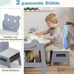 5 in 1 Maltisch mit Wendbarer Tafel & Whiteboard Kindersitzgruppe in Bärenform mit Stauraum Grau
