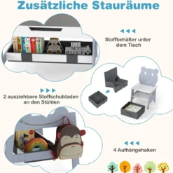 5 in 1 Maltisch mit Wendbarer Tafel & Whiteboard Kindersitzgruppe in Bärenform mit Stauraum Grau