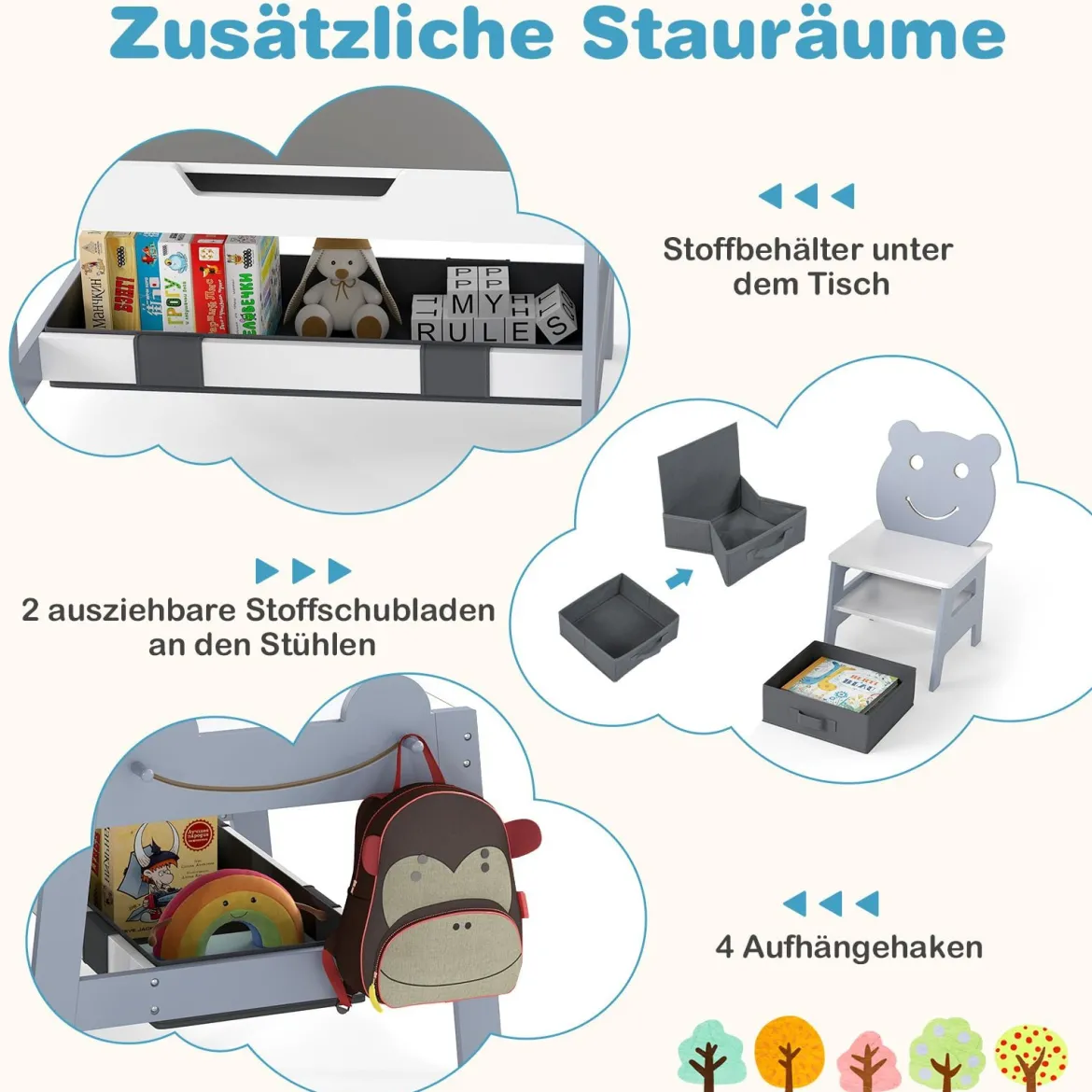 5 in 1 Maltisch mit Wendbarer Tafel & Whiteboard Kindersitzgruppe in Bärenform mit Stauraum Grau