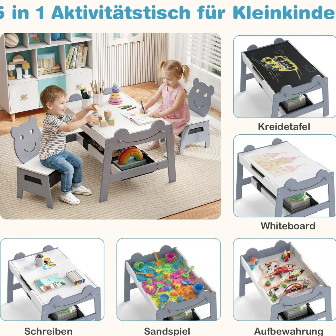 5 in 1 Maltisch mit Wendbarer Tafel & Whiteboard Kindersitzgruppe in Bärenform mit Stauraum Grau